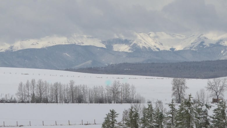 an image of a snowy field with a mountain range in the background.