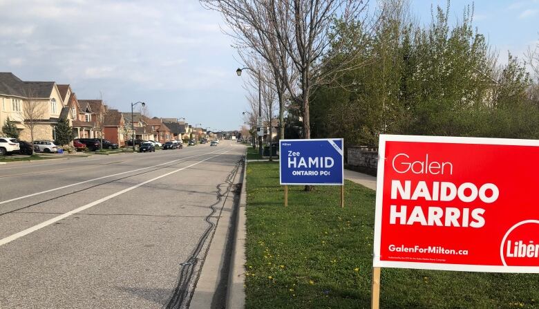 Signs for candidates in the Milton provincial byelection, with house in the background.