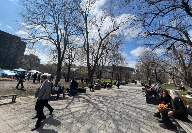 People walk down a the main path on McGill campus underneath a canopy of trees on a sunny day