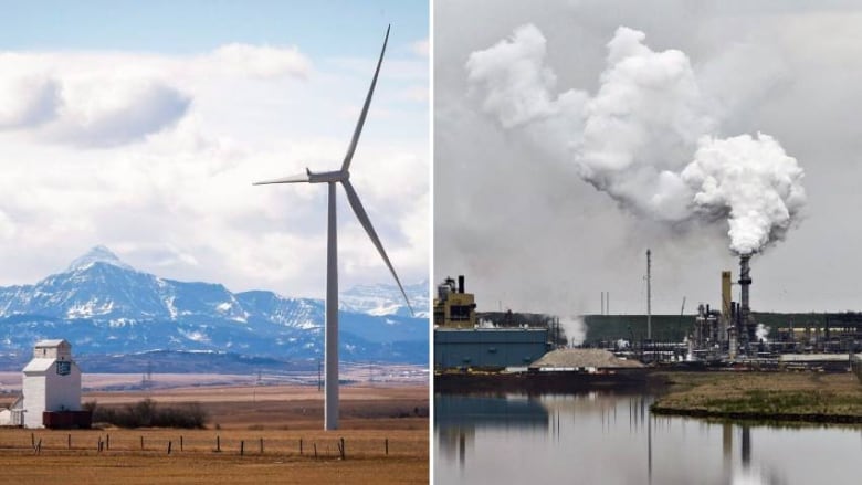 In these file photos, at left, a wind turbine overshadows a grain elevator near Pincher Creek, Alta., at right, an oilsands extraction facility is reflected in a tailings pond near Fort McMurray.