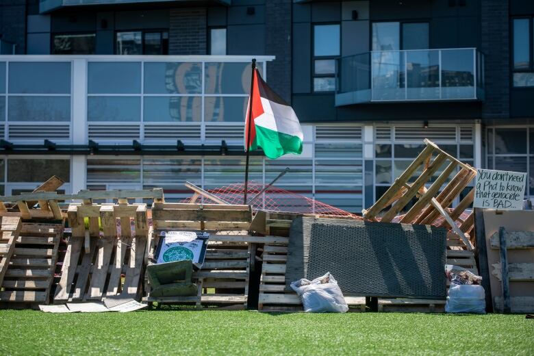 Protesters are pictured at a pro-Palestinian encampment at the University of British Columbia near Vancouver, B.C on Wednesday May 2, 2024. 