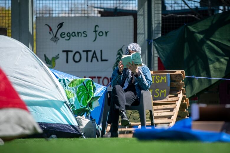 Protesters are pictured at a pro-Palestinian encampment at the University of British Columbia near Vancouver, B.C on Wednesday May 2, 2024. 