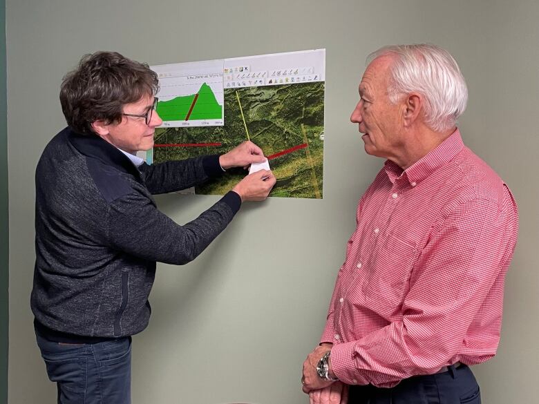 Two men look at map on wall