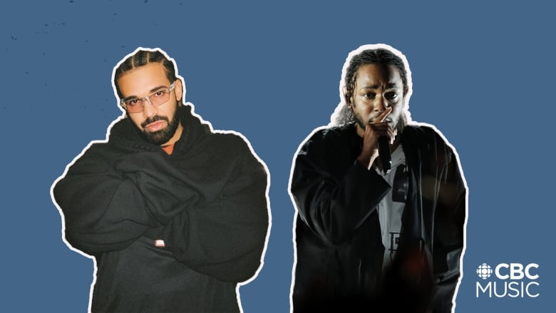 Drake wears sunglasses and a black hoodie, while Lamar wears a black jacket while performing with a mic.