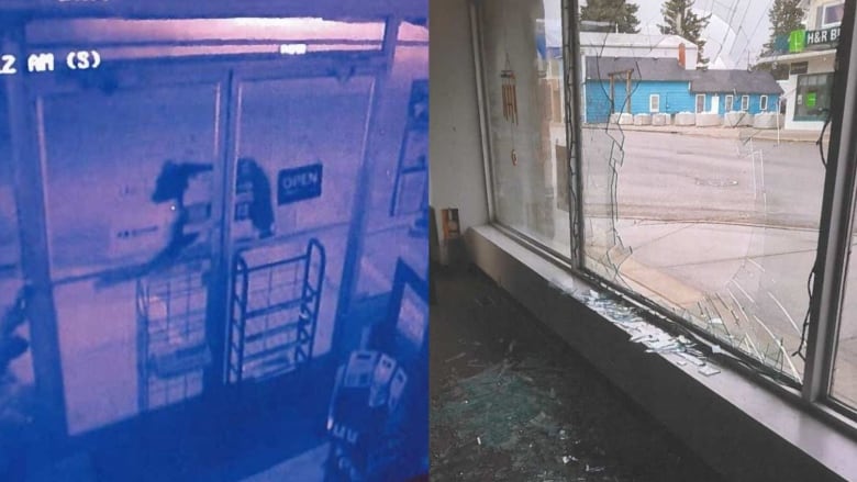 In left image, a bear is seen on security camera footage. In right image, a broken store window.