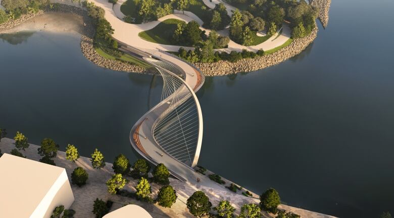 An aerial shot of Keating Channel Pedestrian Bridge Rendering.