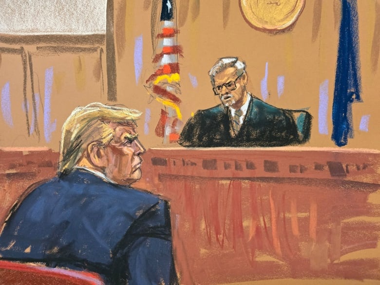 A courtroom sketch shows a white-haired, bespectacled judge sitting at his bench and speaking to a scowling Donald Trump