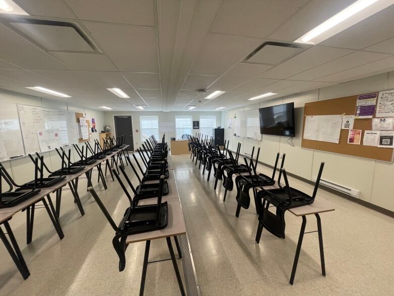 A classroom with chairs kept over desks.