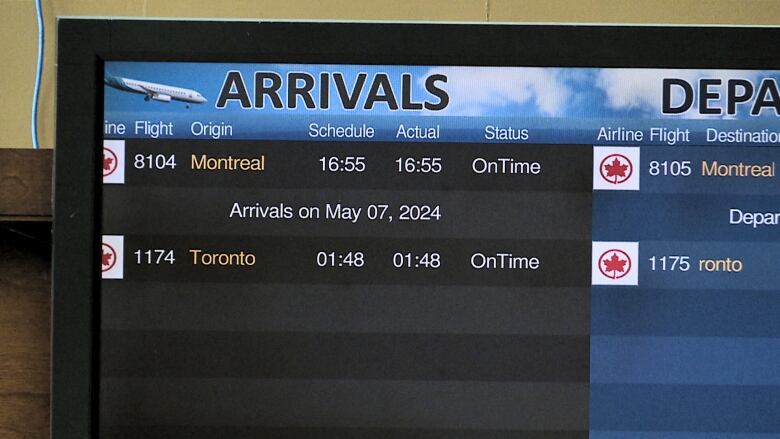 An Air Canada arrivals and department board at J.A. Douglas McCurdy Sydney Airport in Sydney, N.S. 