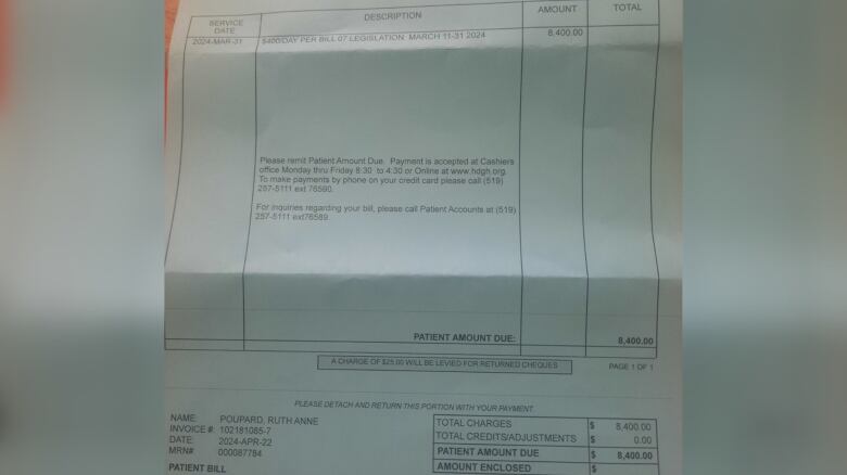 This is a photo of the bill that Ruth Poupard received at the end of last month. It outlines the $8,400 cost she must pay for staying in hospital between March 11 to March 31. 