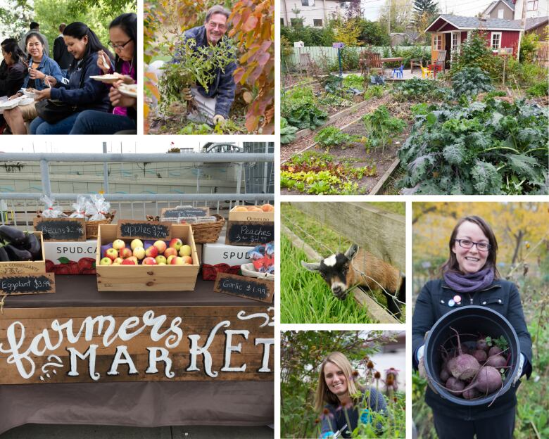 A collage of food, people, gardens