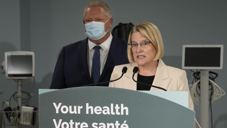 Ontario Health Minister Sylvia Jones makes an announcement on health care with Premier Doug Ford in Toronto on Jan. 16, 2023.