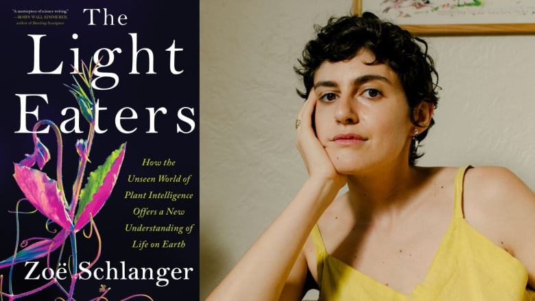 A collage of two photos. On the left the cover of a book titled The Light Eaters, and on the right a woman with short dark hair wearing a yellow shirt.