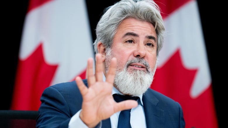 A close of image of Pablo Rodriguez, Minister of Transport. He his shown with white hair and a white beard holding his hand up while he speaks. Canadian flags can be seen in the background. 