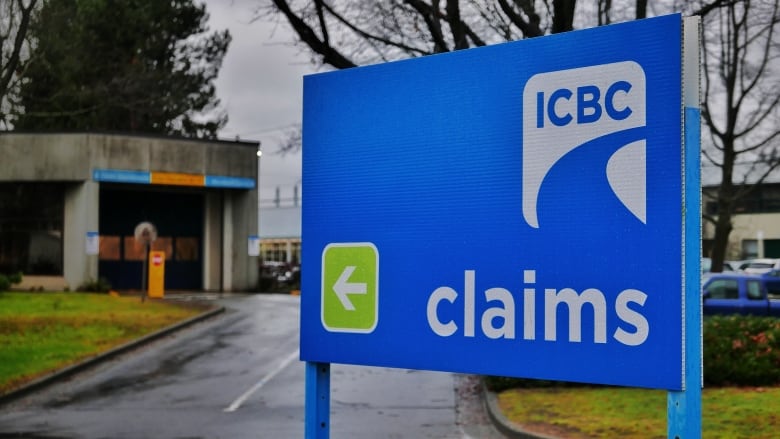 A picture points to a claims centre, with blue and white text reading 'ICBC Claims.'