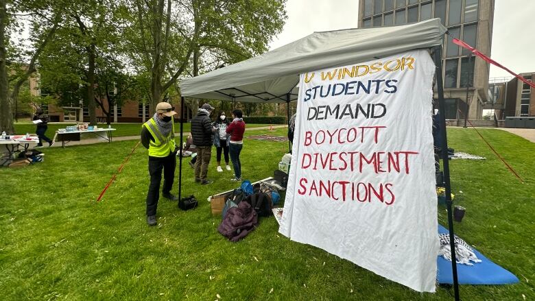 A tent with a sign