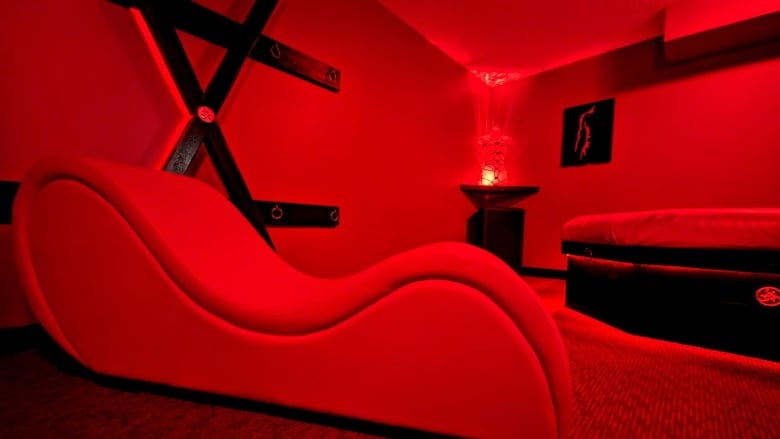 A room bathed in red light.