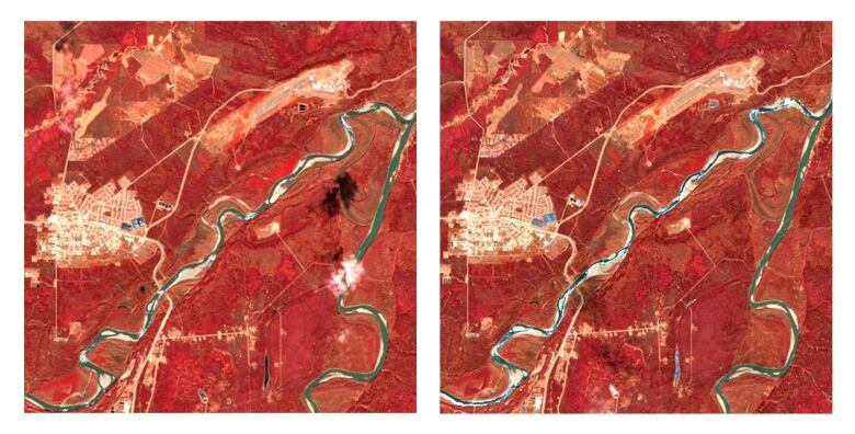 Side-by-side handout images, shown in infrared, taken by the European Space Agency's Sentinel-2 satellite show the Fort Nelson and Muskwa rivers appear narrower, right, with more of their banks exposed compared with images taken in April 2023, left. 