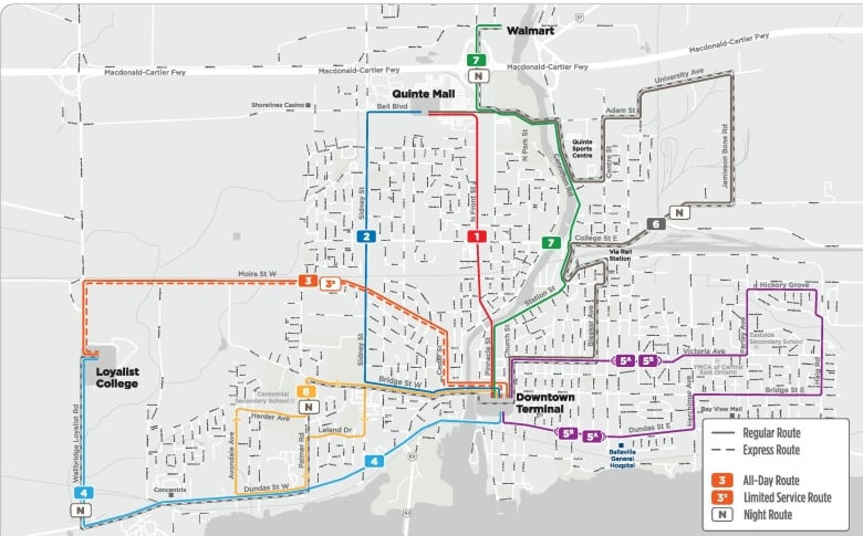 A map of Belleville's updated transit routes.