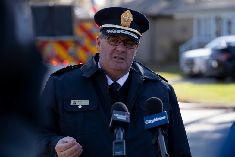 Toronto Fire Chief Matthew Pegg updates the media at the scene of a house explosion that caused a 3 alarm fire in Toronto on Sunday, Nov. 12, 2023. THE CANADIAN PRESS/Arlyn McAdorey