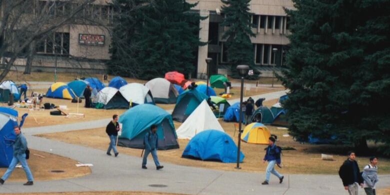 This photo from 1999 shows a protest encampment set up on the campus grounds.