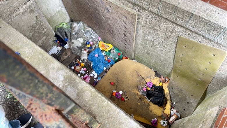 A concrete window well is strewn with garbage and some plastic flower buds.