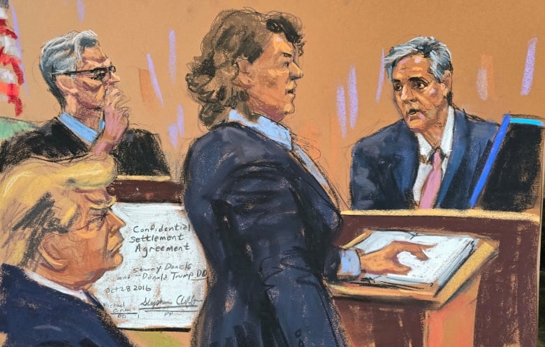 In this courtroom sketch, a man in the witness stand is questioned by a woman, while another man and the judge look on.