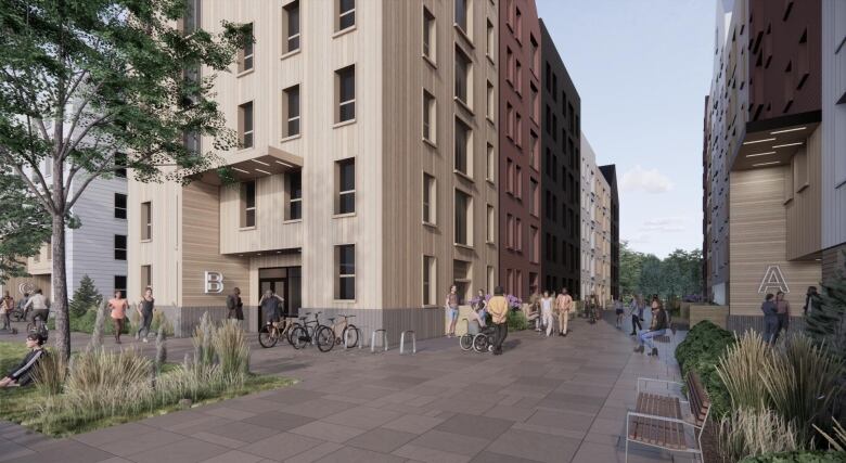 A designed drawing shows a coutyard with stroling and sitting students, with three clusters of apartment blocks showing the letters A, B and C. 