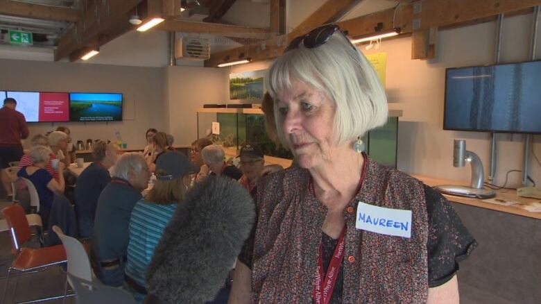 Woman stands in a room with other people seated in the background.