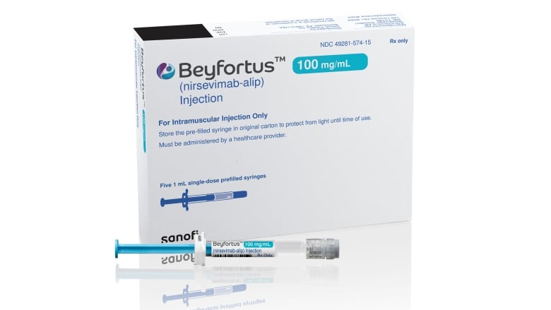 This illustration provided by AstraZeneca depicts packaging for their RSV medication Beyfortus. 