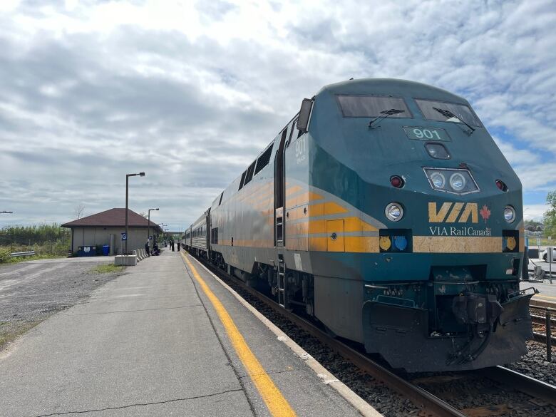 A blue-and-yellow train at a train station on a spring day.