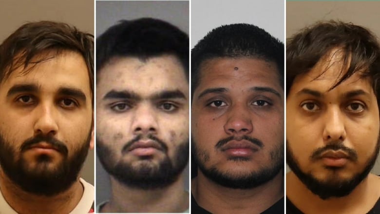 A composite image of four mugshots. All four are men with brown skin, black hair and beards.