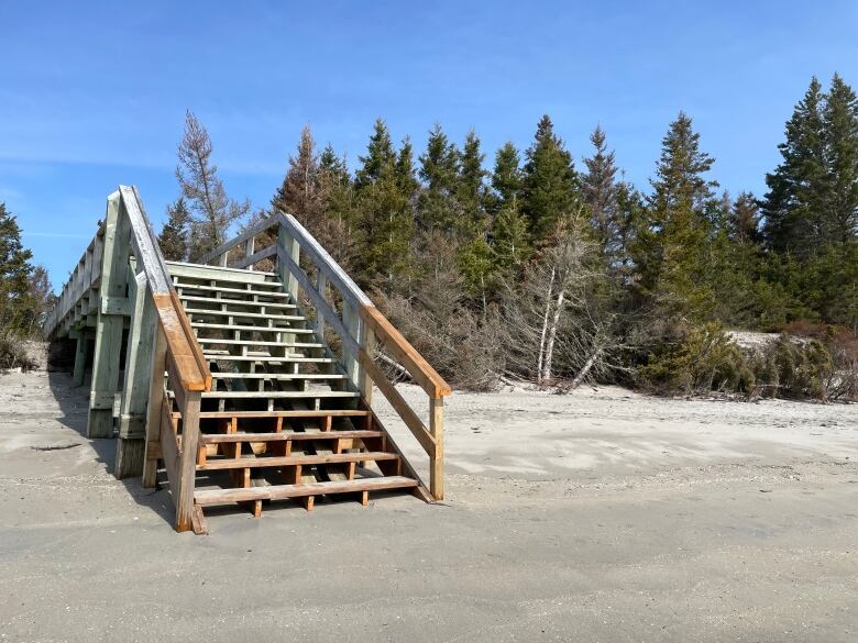 Wooden stairs are shown onto the beach. The new wood that has been placed there as part of repairs is clearly visible.