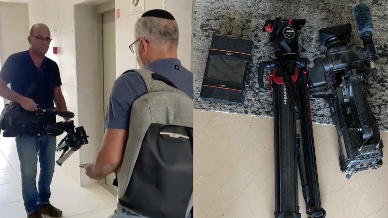 A composite image. The image on the left shows two men in a corridor one with his back turned and the other facing the camera holding video camera equipment. The image on the right shows a video camera, tripod and other equipment laid out on a grey carpet.