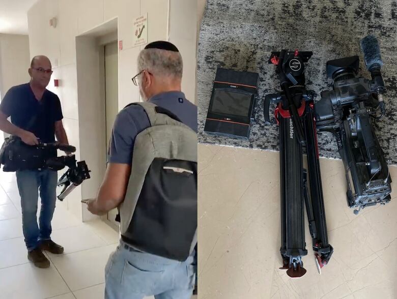 A composite image. The image on the left shows two men in a corridor one with his back turned and the other facing the camera holding video camera equipment. The image on the right shows a video camera, tripod and other equipment laid out on a grey carpet.