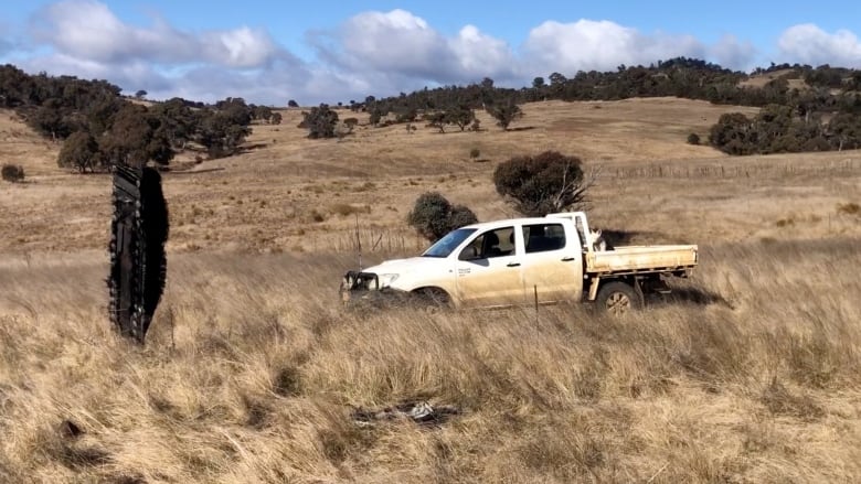 A black piece of debris stands upright in a field with a white pickup truck.