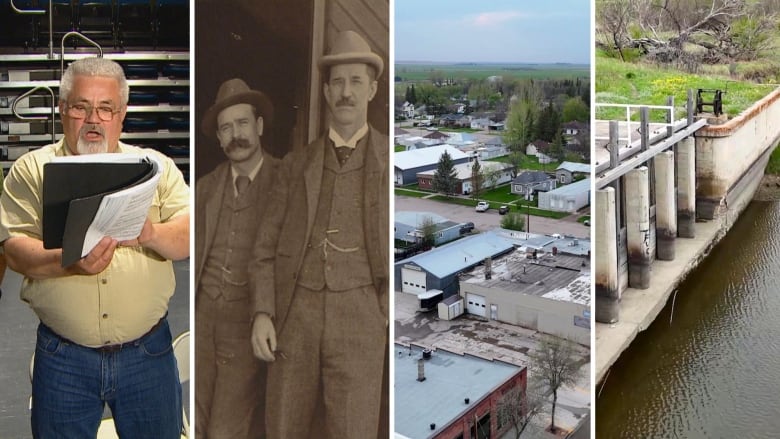 A collage is pictured, with a man singing, a historic photo and two aerial shots.