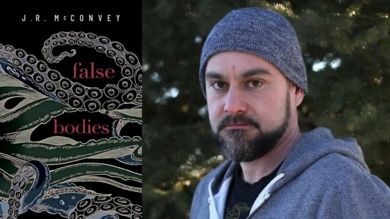 The book cover with the title written in between illustrated kraken tentacles and the author photo: a man with a beard wearing a grey beanie