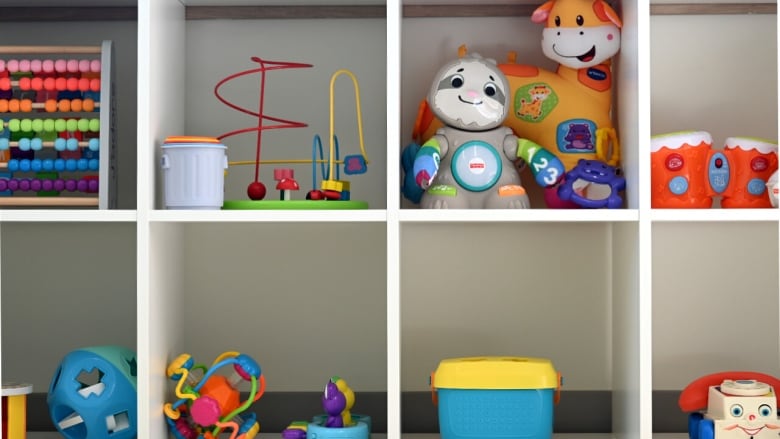 Stuffed animals and other toys on a shelf inside a daycare in Moncton, NB.