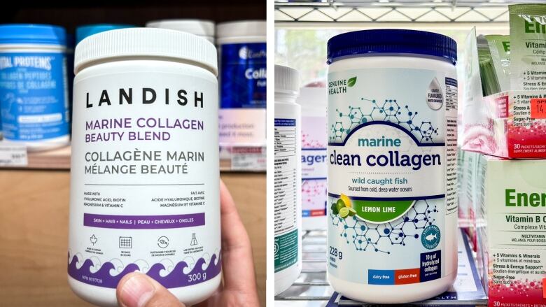 A close image of two white plastic tubs of marine collagen, with brand names and designs including waves and fish.