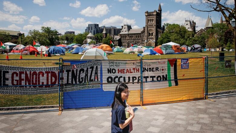 A pro-Palestinian encampment is pictured here in King's College Circle on the main campus of the University of Toronto on May 23, 2024.