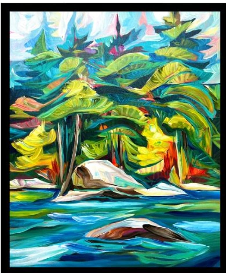 Painting of trees by a lake