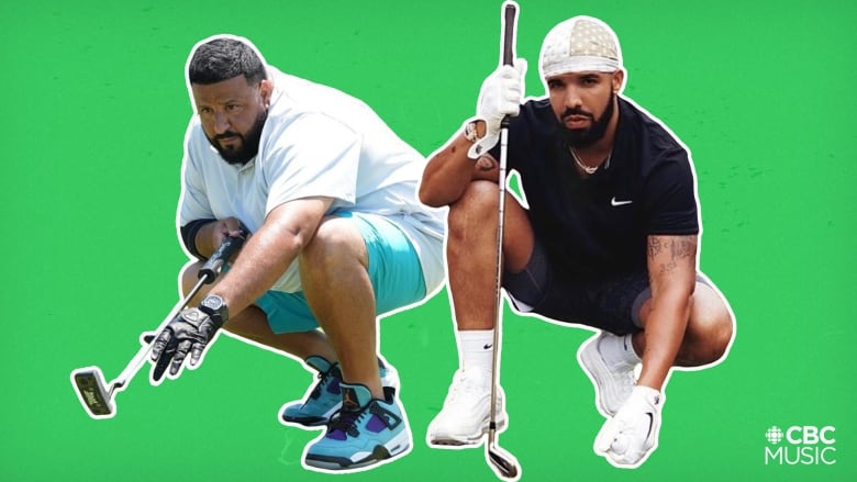 Collage of two different men crouching down and posing with golf clubs. 