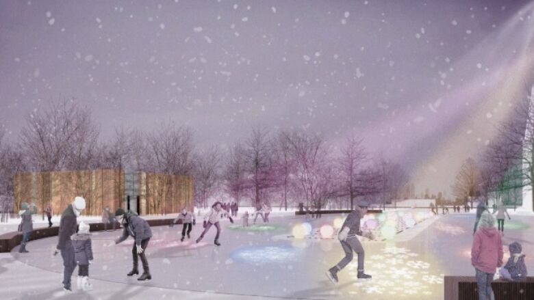 A conceptual drawing of people on a winter rink .