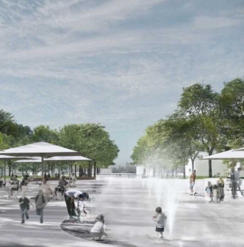 People playing in a conceptual drawing of a fountain or splash pad. 