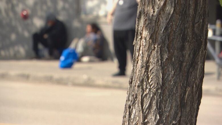 a close up of a tree trunk with the blurry images of people in the background