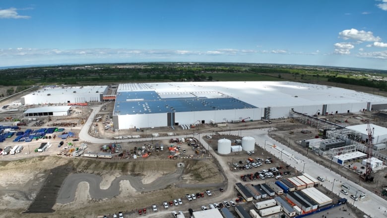 Aerial view of the electric vehicle battery factory under construction in Windsor, Ont., in May 2024.