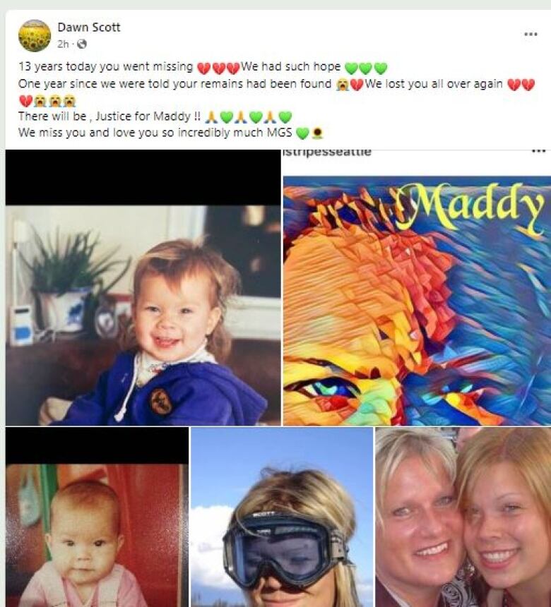 A memorial post on a Facebook page shows several colourful photos of a smiling child and teenager, and a loving message from her family, in honor of Madison Scott. 