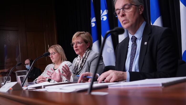 Two women and a man speak at a panel