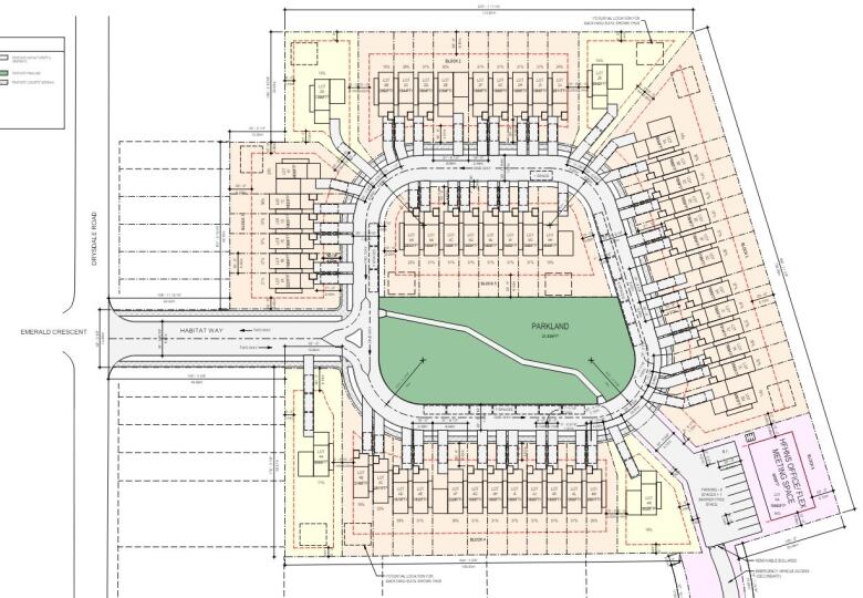 A 2D site plan drawing shows townhomes around a circular road, with green space in the middle